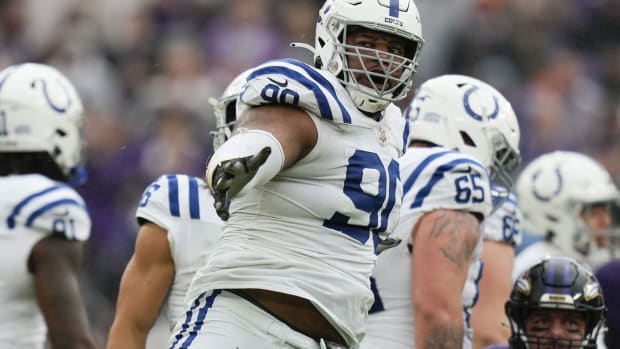 Sep 24, 2023; Baltimore, Maryland, USA; Indianapolis Colts defensive tackle Grover Stewart (90) reacts after the Indianapolis Colts score a field goal in the fourth quarter against the Baltimore Ravens at M&T Bank Stadium.
